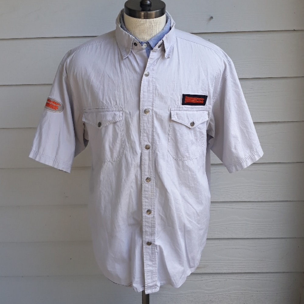 HARLEY DAVIDSON Patches‎ Embroidered Grey XL Mens Button Down Motorcycle Shirt